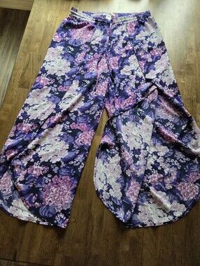 Purple Floral Wide Slit Leg Flowy Travel Resort Pants